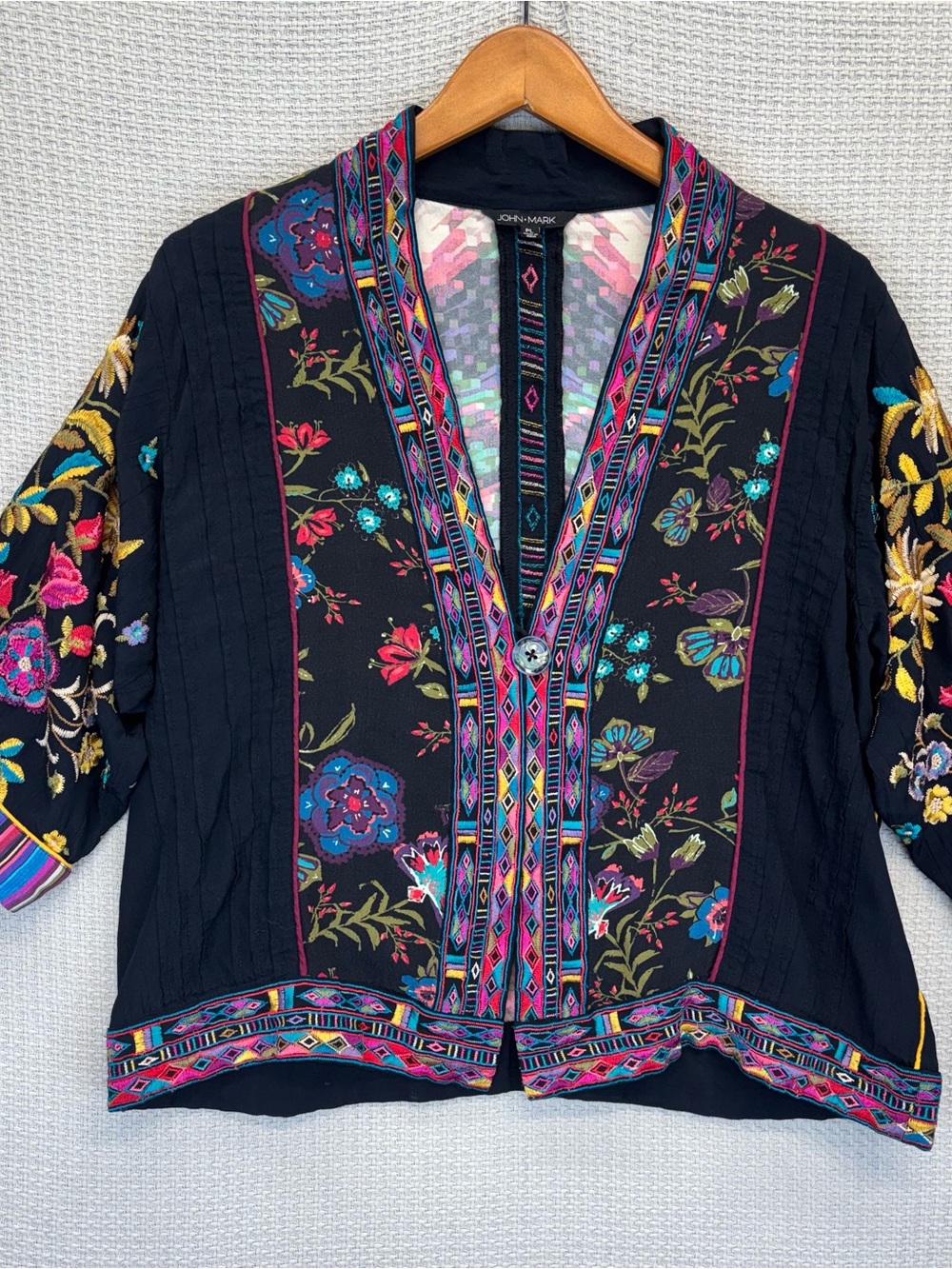 John Mark Kimono Cardigan Womens PL Floral Patchwork Hem Boho Topper Jacket EUC